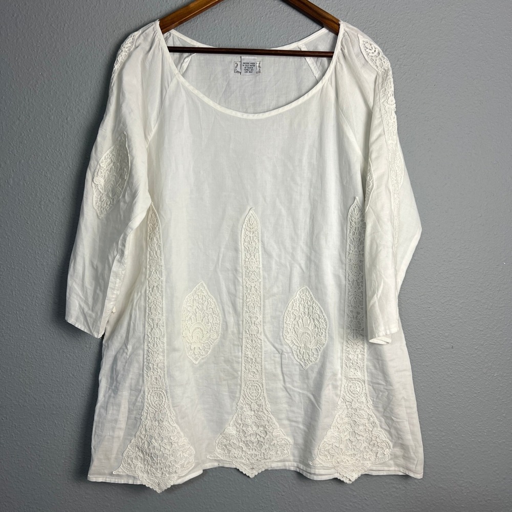 Lilly Mason Tunic Top Crochet Lace Bohemian Cotton White Coastal Beach‎ Size L